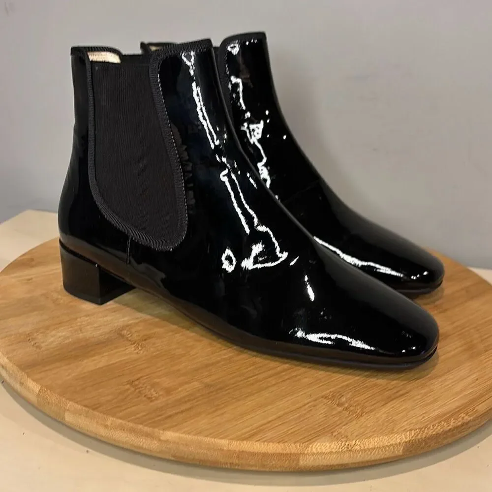 Frances Valentine Molly Patent Leather Square Toe Chelsea Boots Black Size 5.5 -